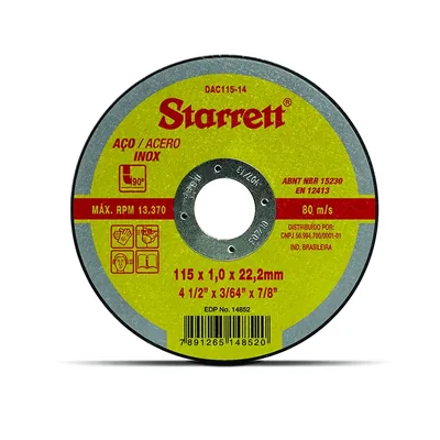 Disco abrasivo de corte 115 x 1,0 x 22,23mm para 13.300rpm - dac115-14 starrett