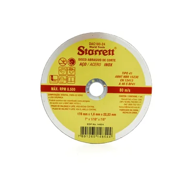 Disco abrasivo de corte 178 x 1,6 x 22,23mm para 8.500rpm - dac180-24 starrett