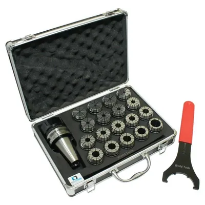 Jogo de pinças er-40 ø 4,0 a 25,0mm com 18 pinças, cone bt40 e chave - bt40-er40-18jc world tools
