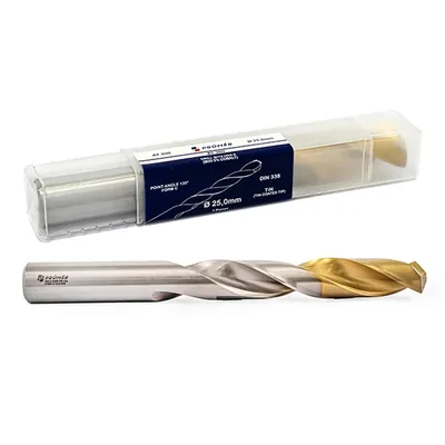 Broca hss-e m35 ø 25,00 x 238mm forma c ponta 135° cobertura tin din338 výkon - at300-2500 prumer